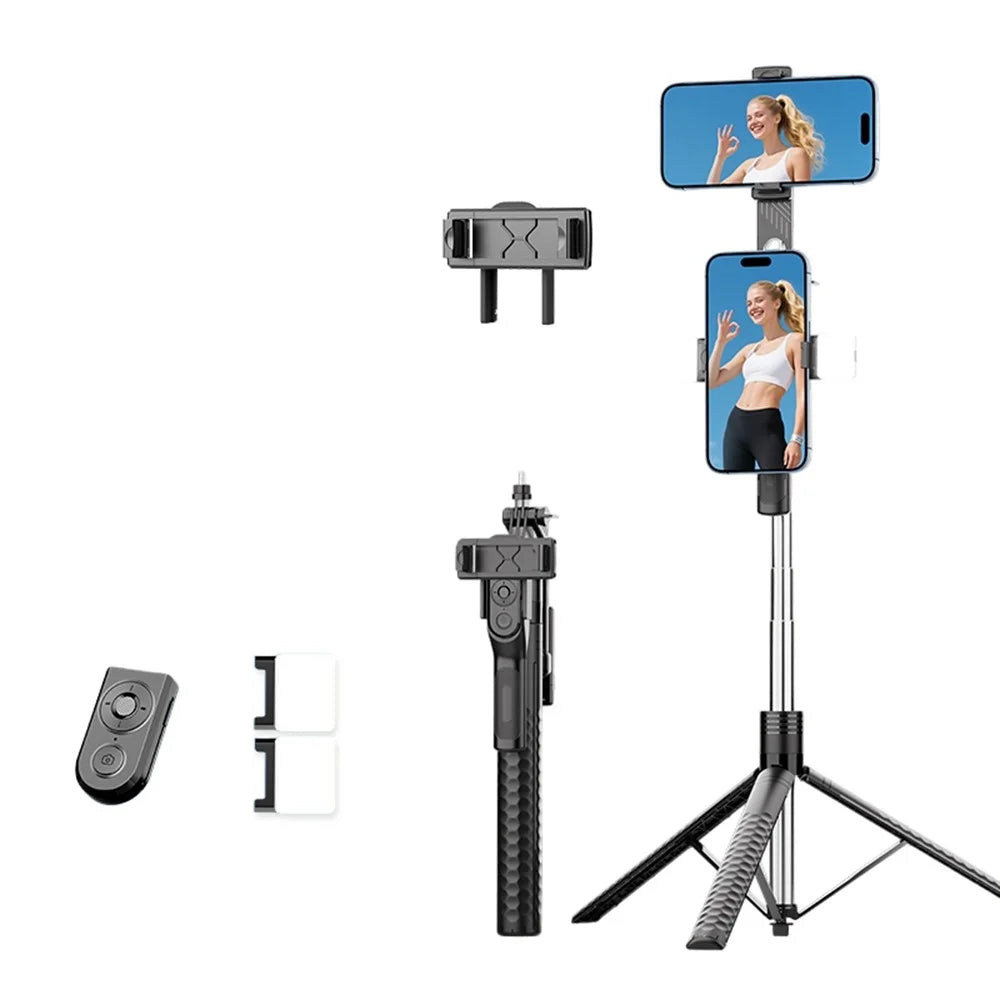 K50 Dual Phone Clip TikTok Bluetooth-Compatible Selfie Stick 1.9m Extendable Tripod with 2 Fill Lights - Black - 1