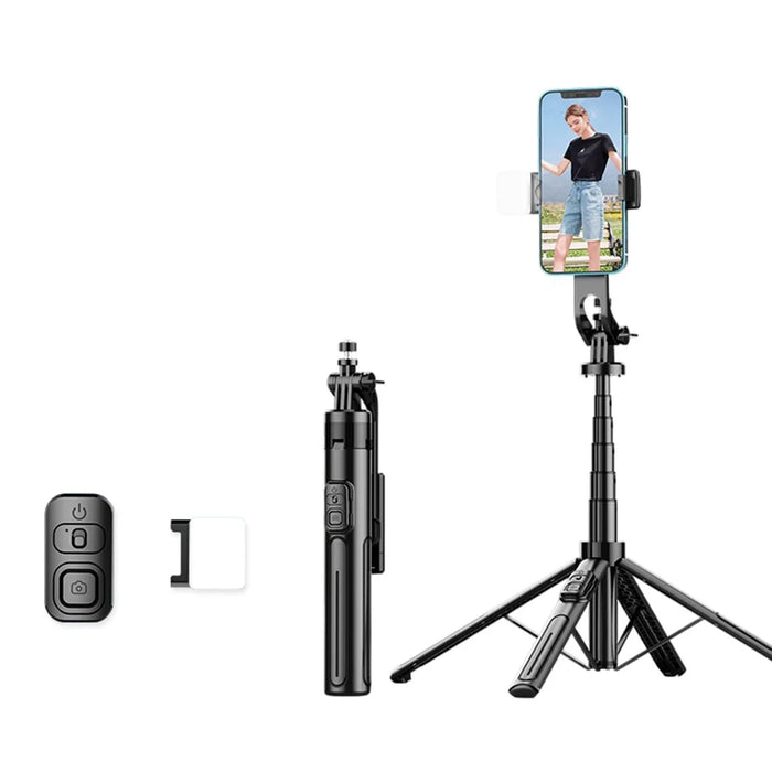 K27 Bluetooth-Compatible Selfie Stick Phone Extendable Live Streaming 4-Leg Stand with 1 Fill Light - Black - 1
