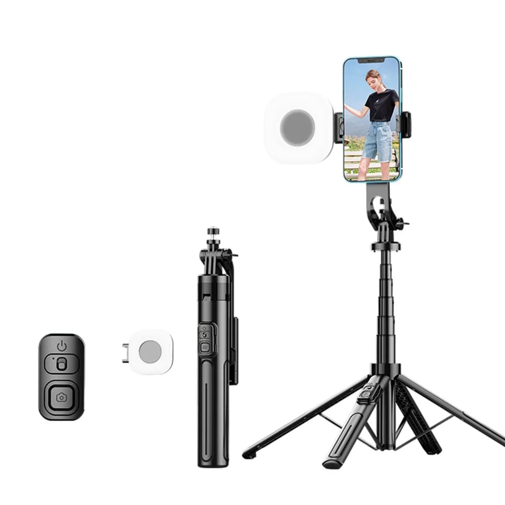 K27 Bluetooth-Compatible Selfie Stick Phone Extendable Live Streaming 4-Leg Stand with 1 Square Fill Light - Black - 1