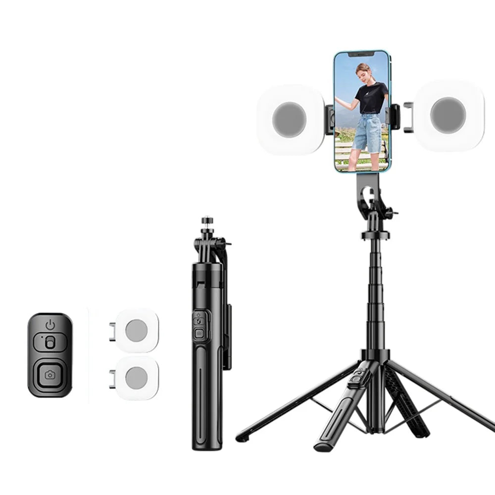 K27 Bluetooth-Compatible Selfie Stick Phone Extendable Live Streaming 4-Leg Stand with 2 Square Fill Lights - Black - 1