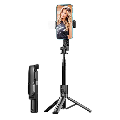 K26 Bluetooth-Compatible Phone Selfie Stick Portable Travel Extendable Live Streaming Tripod with 1 Fill Light - Black - 1