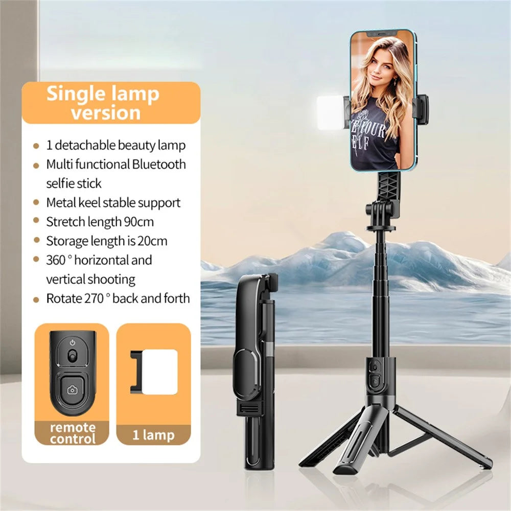 K26 Bluetooth-Compatible Phone Selfie Stick Portable Travel Extendable Live Streaming Tripod with 1 Fill Light - Black - 2