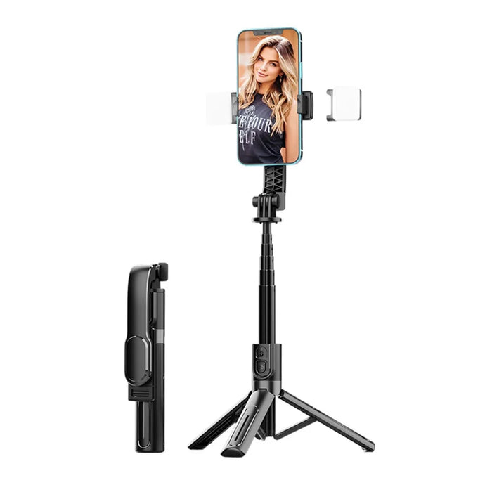 K26 Bluetooth-Compatible Phone Selfie Stick Portable Travel Extendable Live Streaming Tripod with 2 Fill Lights - Black - 1
