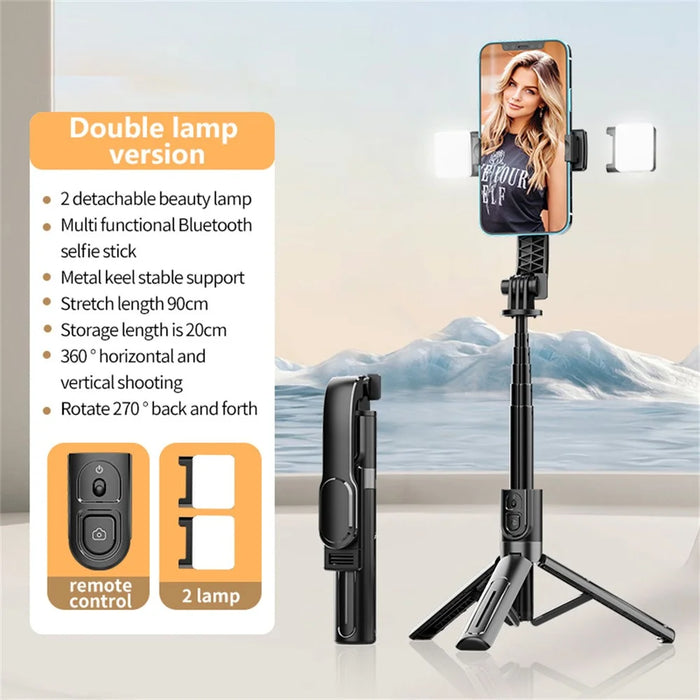K26 Bluetooth-Compatible Phone Selfie Stick Portable Travel Extendable Live Streaming Tripod with 2 Fill Lights - Black - 3