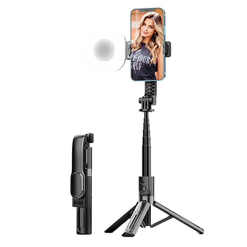 K26 Bluetooth-Compatible Phone Selfie Stick Portable Travel Extendable Tripod with 1 Square Fill Light - Black - 1