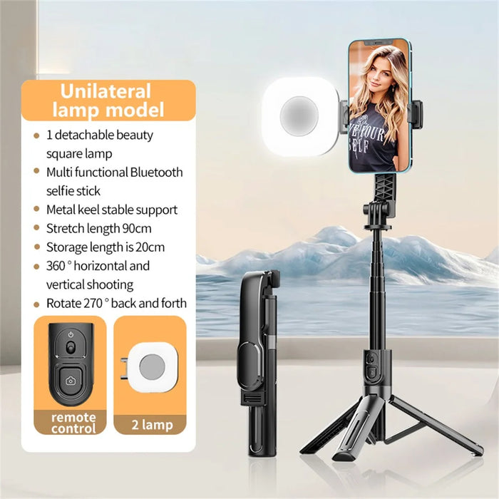 K26 Bluetooth-Compatible Phone Selfie Stick Portable Travel Extendable Tripod with 1 Square Fill Light - Black - 2