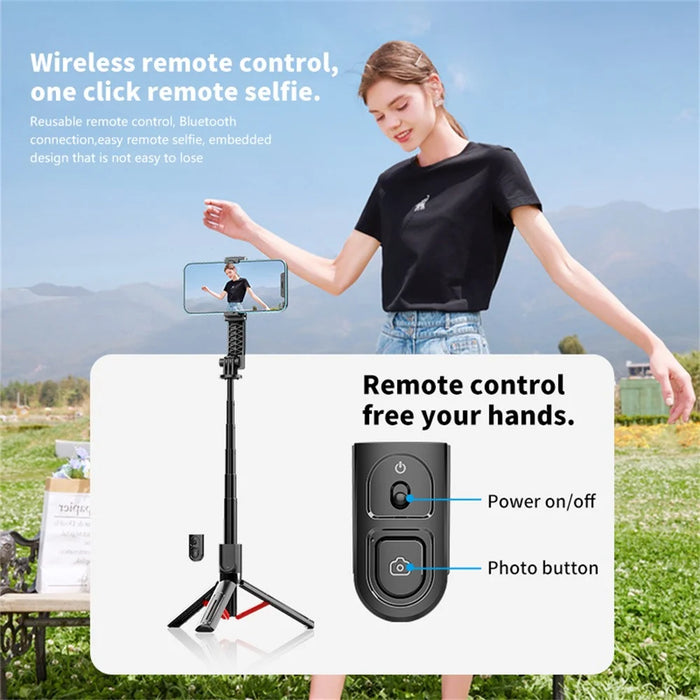 K26 Bluetooth-Compatible Phone Selfie Stick Portable Travel Extendable Tripod with 1 Square Fill Light - Black - 4
