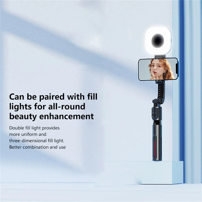 K26 Bluetooth-Compatible Phone Selfie Stick Portable Travel Extendable Tripod with 1 Square Fill Light - Black - 7