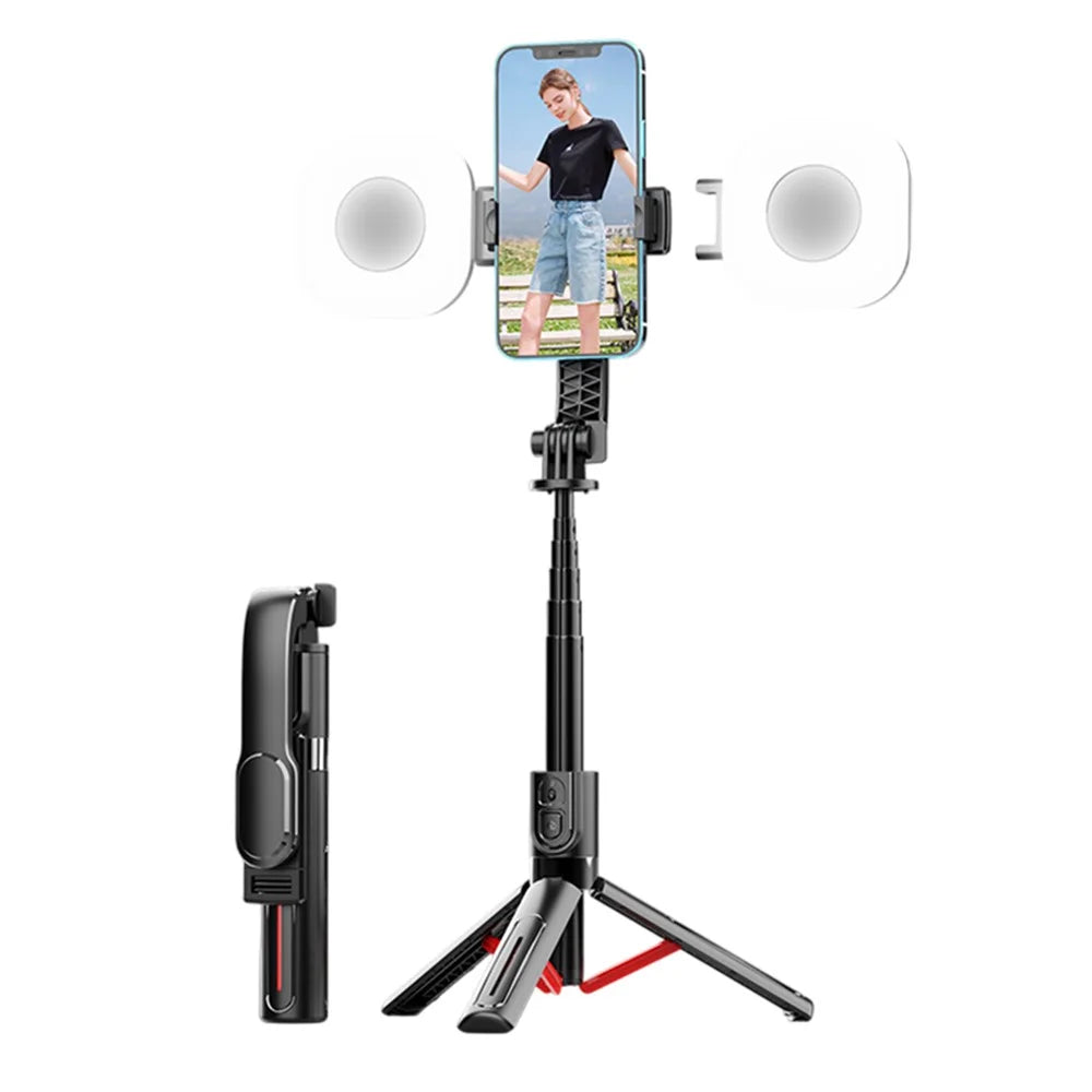 K26 Bluetooth-Compatible Phone Selfie Stick Portable Travel Extendable Tripod with 2 Square Fill Lights - Red - 1