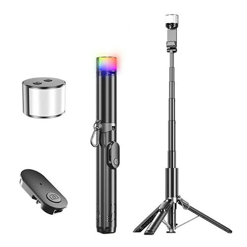 P24-D Portable Phone Tripod Stand with Fill Light for Live Streaming Anti Shake Extendable Selfie Stick - Black - 1