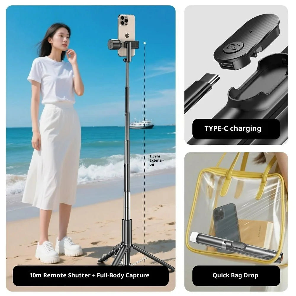 P24-D Portable Phone Tripod Stand with Fill Light for Live Streaming Anti Shake Extendable Selfie Stick - Black - 6