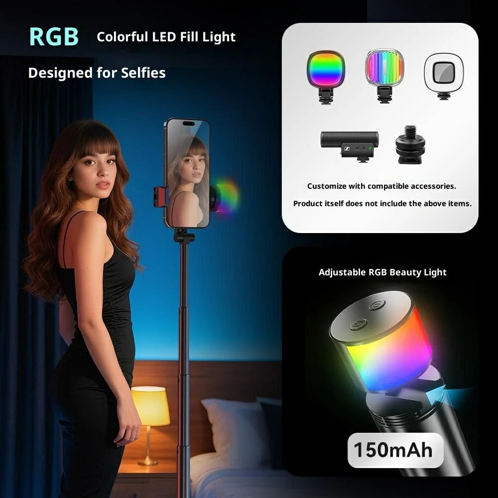 P24-D Portable Phone Tripod Stand with Fill Light for Live Streaming Anti Shake Extendable Selfie Stick - Black - 7