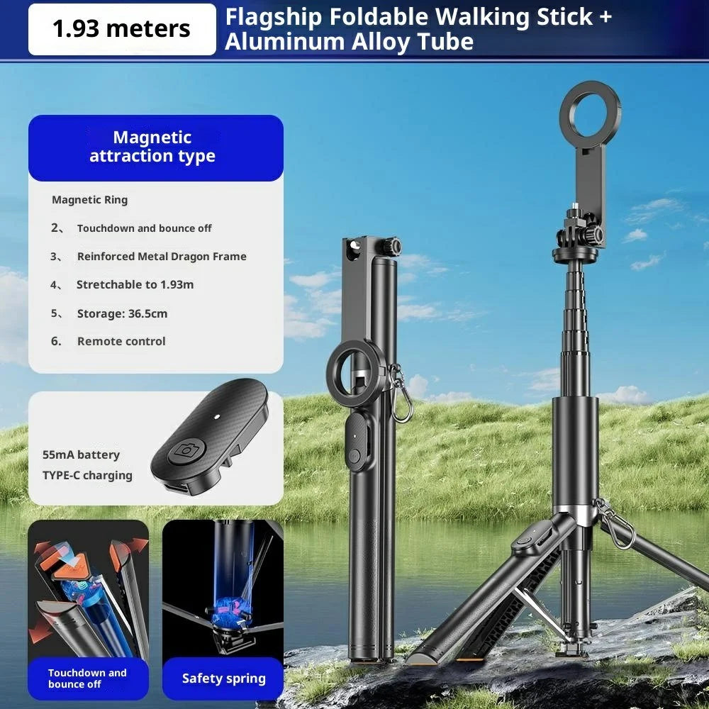 P27-MF Magnetic Selfie Stick Tripod Auto Pop Up Portable Extendable Monopod Bluetooth-Compatible Remote Control - Black - 2