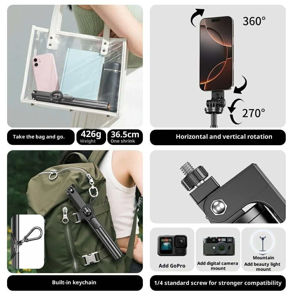 P27-MF Magnetic Selfie Stick Tripod Auto Pop Up Portable Extendable Monopod Bluetooth-Compatible Remote Control - Black - 6