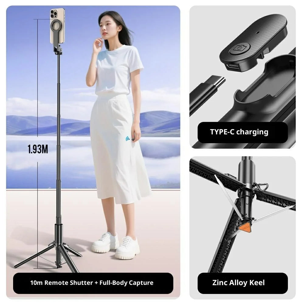 P27-MF Magnetic Selfie Stick Tripod Auto Pop Up Portable Extendable Monopod Bluetooth-Compatible Remote Control - Black - 7