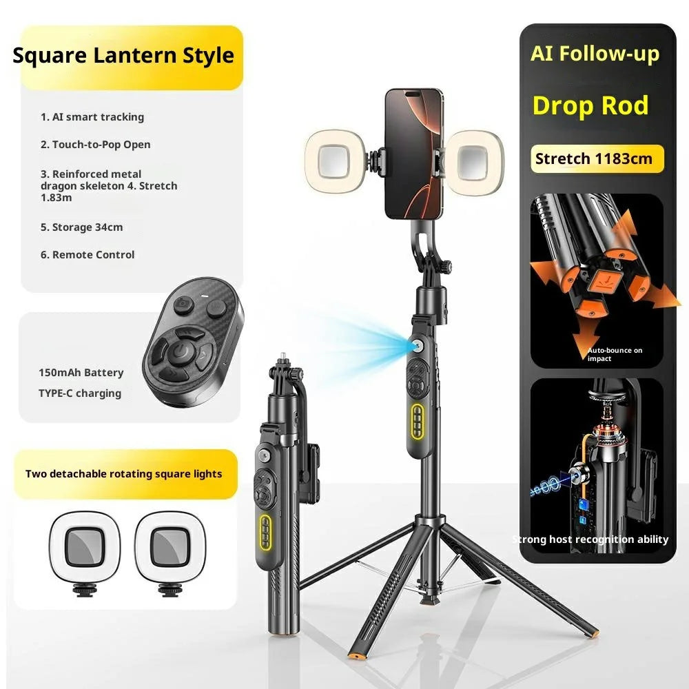 Q625 1.83m Bluetooth-Compatible Quadripod Selfie Stick AI Tracking with H-Shape Dual Fill Light Anti-Shake - Black - 2