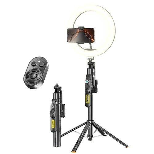 Q625 1.83m Bluetooth-Compatible Quadripod Selfie Stick AI Tracking with 10 inch Fill Light Anti-Shake - Black - 1
