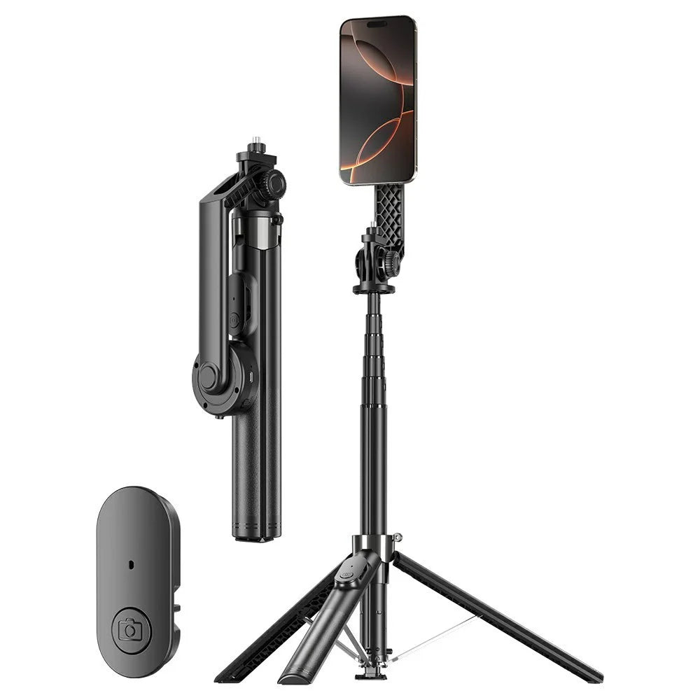 P62 Bluetooth-Compatible Tripod Selfie Stick for Smartphone Live Streaming Electric Suction Cup Extendable Monopod - Black - 1