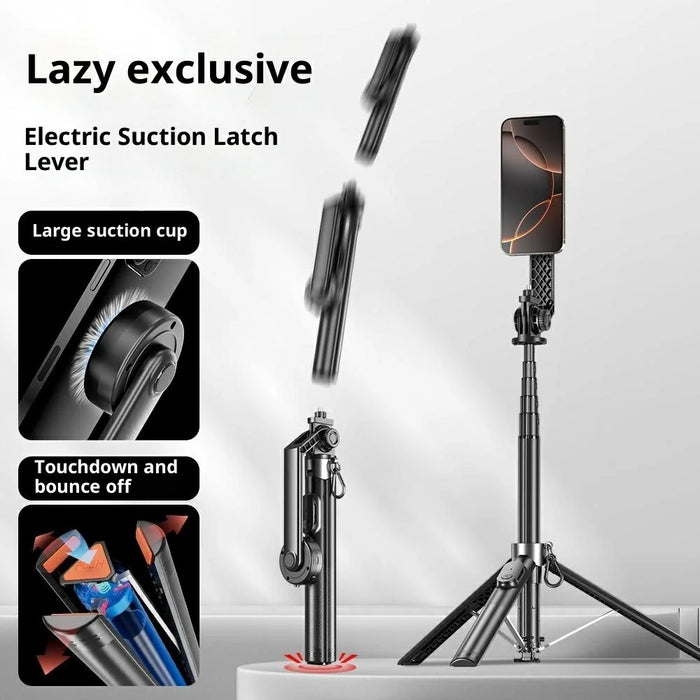 P62 Bluetooth-Compatible Tripod Selfie Stick for Smartphone Live Streaming Electric Suction Cup Extendable Monopod - Black - 2
