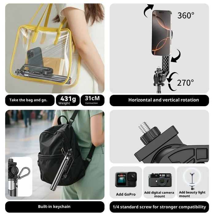 P62 Bluetooth-Compatible Tripod Selfie Stick for Smartphone Live Streaming Electric Suction Cup Extendable Monopod - Black - 5