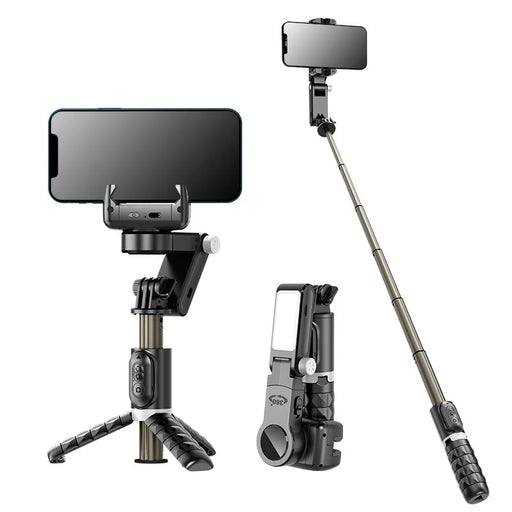 CYKE 2 in 1 Gimbal Stabilizer Selfie Stick Anti-Shake Phone Holder Tripod Stand with LED Fill Light - Black - 1