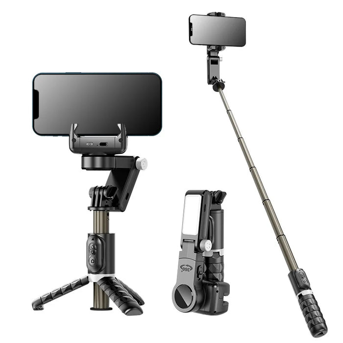 CYKE 2 in 1 Gimbal Stabilizer Selfie Stick Anti-Shake Phone Holder Tripod Stand with LED Fill Light - Black - 1
