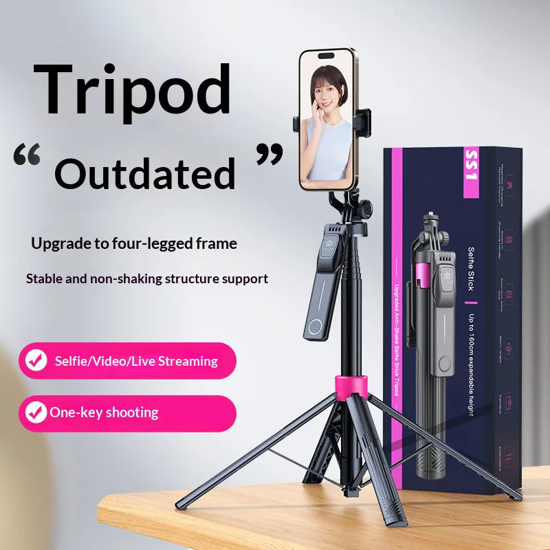 CYKE SS1 Phone Tripod 165cm Extendable Selfie Stick 4-Leg Stable Stand with Bluetooth-compatible Remote - Black - 2