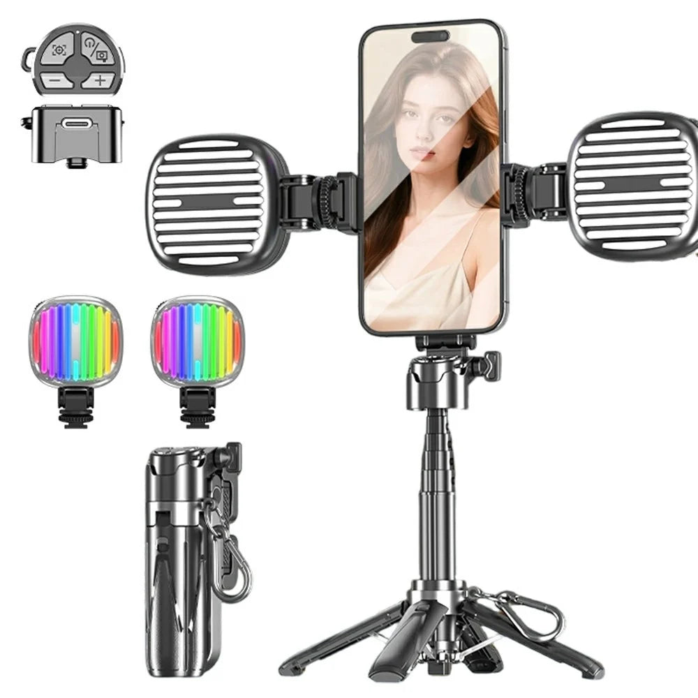 P15-Y Mini Selfie Stick with Dual G Pocket Lights  /  Remote Control, Portable Extendable Phone Tripod Stand - Black - 1