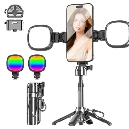 P15-Y Mini Selfie Stick with Dual K Pocket Lights / Remote Control, Portable Extendable Phone Tripod Stand - Black - 1