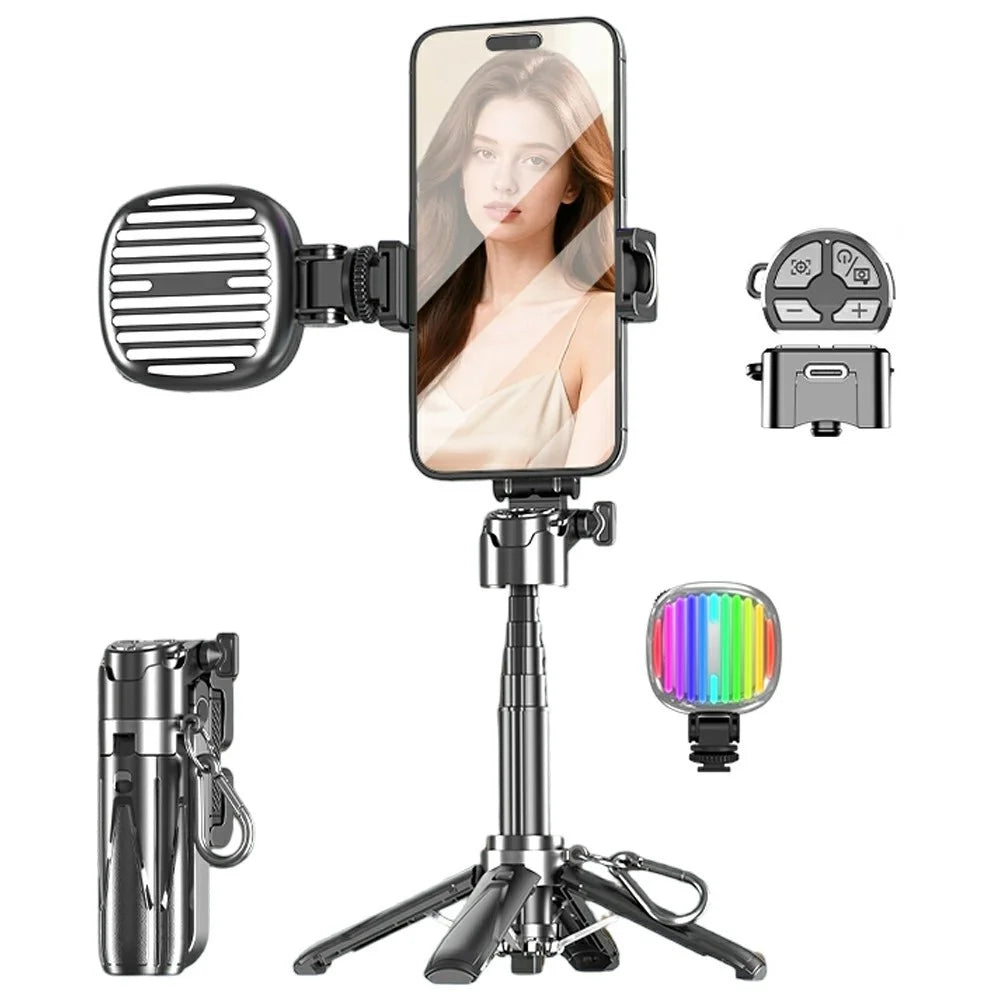 P15-Y Mini Selfie Stick with Single G Pocket Lights  /  Remote Control, Portable Extendable Phone Tripod Stand - Black - 1