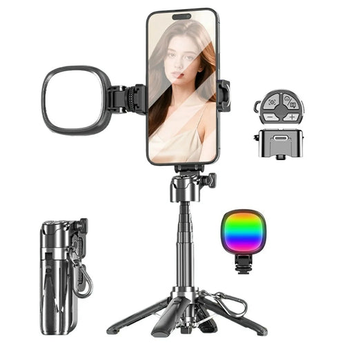 P15-Y Mini Selfie Stick with Single K Pocket Lights / Remote Control, Portable Extendable Phone Tripod Stand - Black - 1