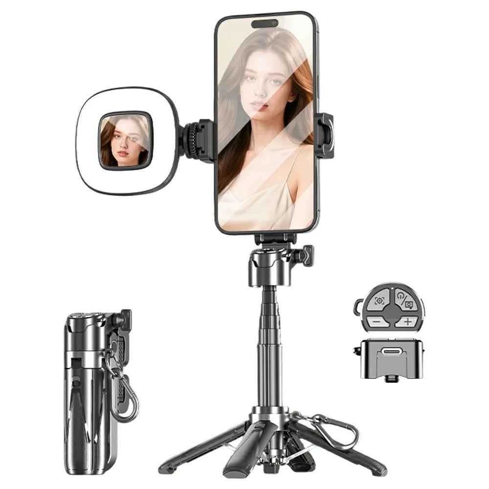 P15-Y Mini Selfie Stick with Single Square Lights  /  Remote Control, Portable Extendable Phone Tripod Stand - Black - 1