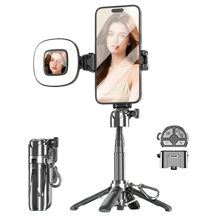 P15-Y Mini Selfie Stick with Single Square Lights  /  Remote Control, Portable Extendable Phone Tripod Stand - Black - 1