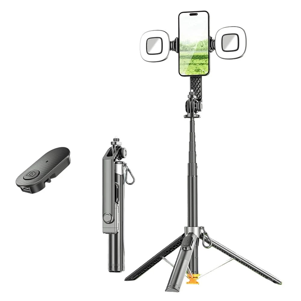 P61 Stretchable Selfie Stick with Dual Square Fill Lights, Auto Pop-Up Cell Phone Tripod Stand Remote Control for Live Streaming / Video Recording - 1
