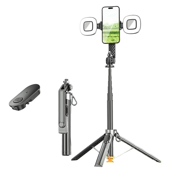 P61 Stretchable Selfie Stick with Dual Square Fill Lights, Auto Pop-Up Cell Phone Tripod Stand Remote Control for Live Streaming / Video Recording - 1