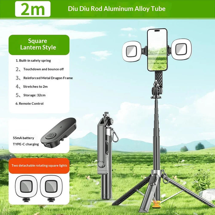 P61 Stretchable Selfie Stick with Dual Square Fill Lights, Auto Pop-Up Cell Phone Tripod Stand Remote Control for Live Streaming / Video Recording - 2