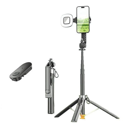 P61 Stretchable Selfie Stick with Square Fill Light, Auto Pop-Up Cell Phone Tripod Stand Remote Control for Live Streaming / Video Recording - 1