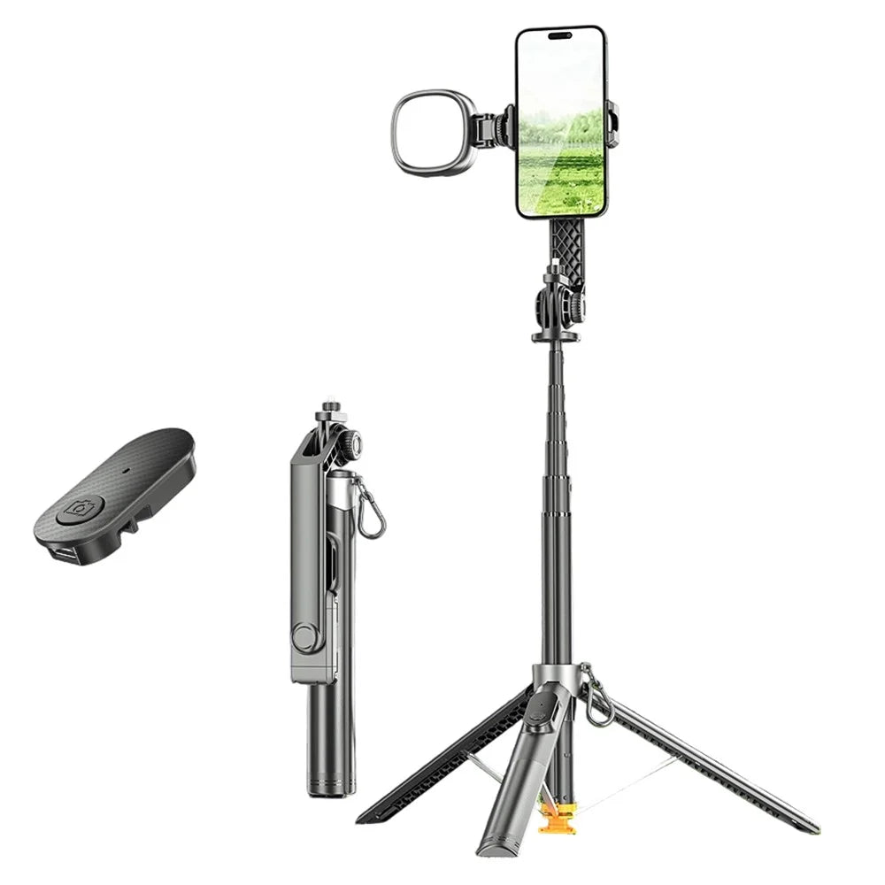 P61 Stretchable Selfie Stick with K-Style Fill Light, Auto Pop-Up Cell Phone Tripod Stand Remote Control for Live Streaming / Video Recording - 1