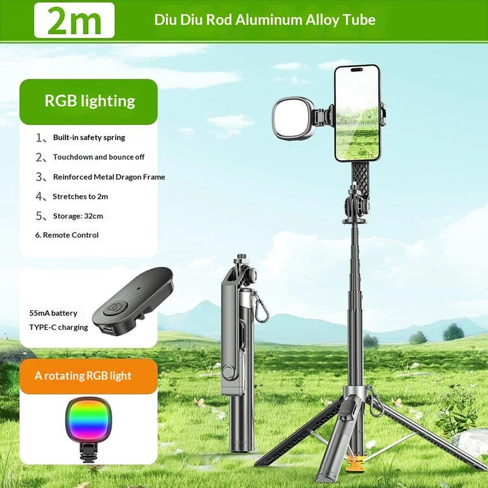 P61 Stretchable Selfie Stick with K-Style Fill Light, Auto Pop-Up Cell Phone Tripod Stand Remote Control for Live Streaming / Video Recording - 2