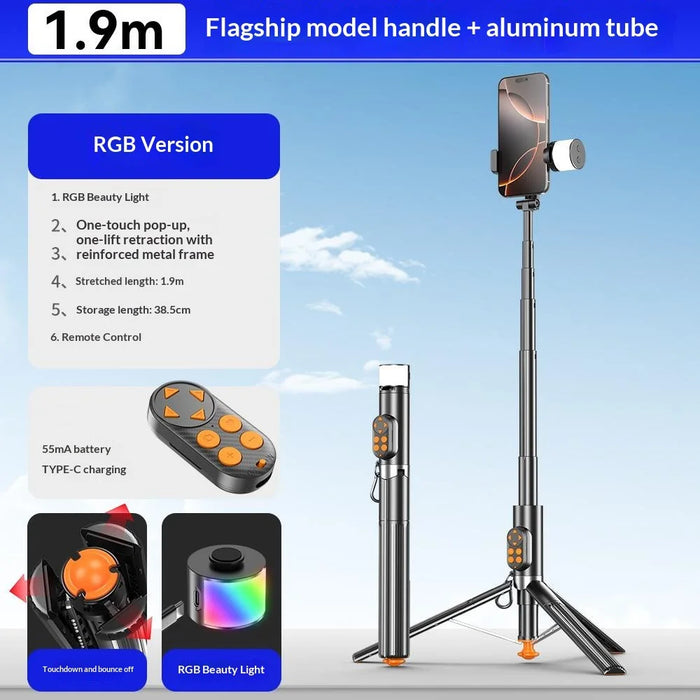 P29D Portable Selfie Stick with RGB Fill Light for Live Streaming Cell Phone Tripod Stand Support Remote Control - 2