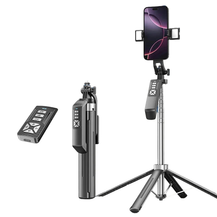P18TK Bluetooth-compatible Selfie Stick with Dual Fill Light Anti-Shake Handheld Stabilizer 1.8m Extendable 4-leg Tripod - Black - 1