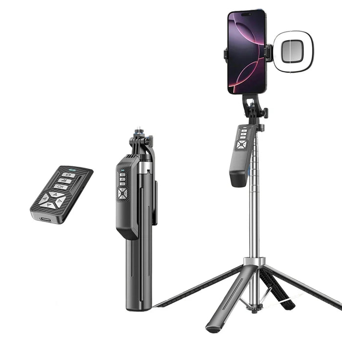 P18TK Selfie Stick with Single Square Fill Light Handheld Stabilizer Pop-up Tripod Stand for Live Streaming - Black - 1
