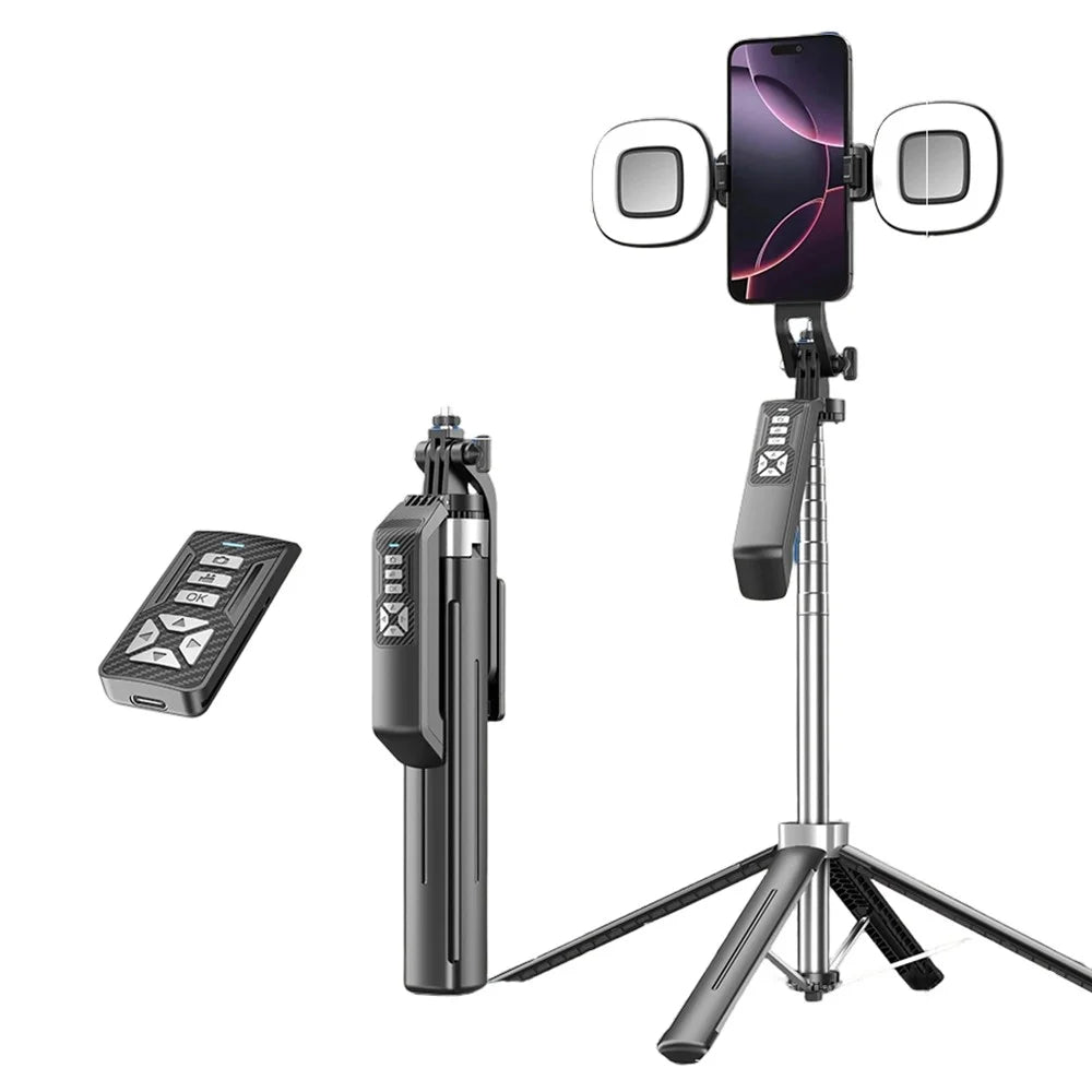 P18TK Selfie Stick with Dual Square Fill Light Handheld Stabilizer Pop-up Tripod Stand for Live Streaming - Black - 1
