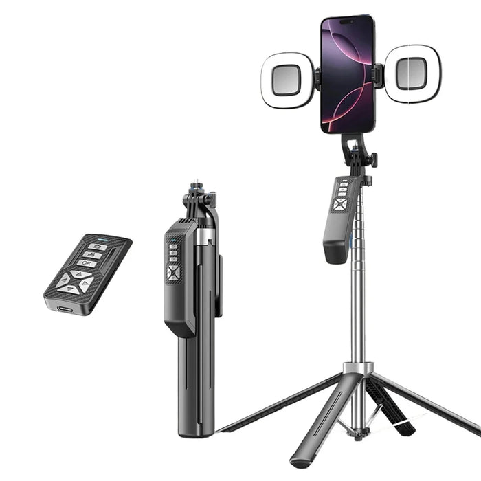 P18TK Selfie Stick with Dual Square Fill Light Handheld Stabilizer Pop-up Tripod Stand for Live Streaming - Black - 1