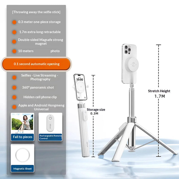 CYKE AB230 1.7m Extendable Selfie Stick with Magnetic Phone Holder Auto Pop-up Tripod Stand for Live Streaming - White - 7