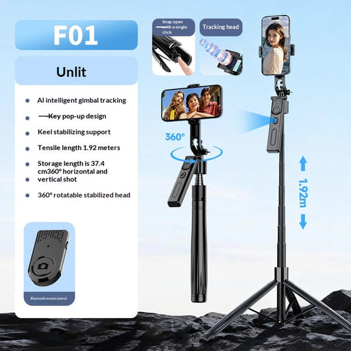 F01 AI Smart Face Tracking Gimbal Selfie Stick 192cm Telescopic Tripod Stand for Live Streaming - 2
