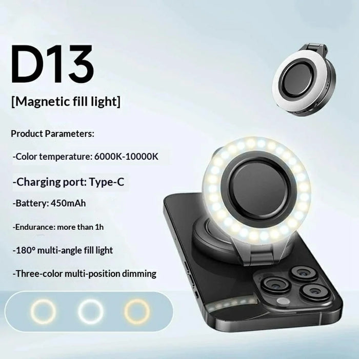 D13 Magnetic Ring Light for Phone Photography 180° Rotating Portable LED Fill Light with 3 Color Modes - Black - 2
