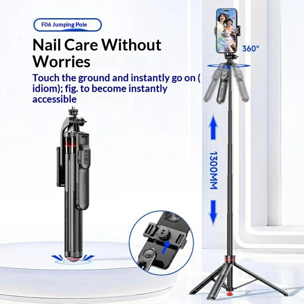 F06 One-Touch Deploy Selfie Stick Tripod 1300mm Extendable Automatic Tripod Stand for Travel, Vlogging - Black - 2