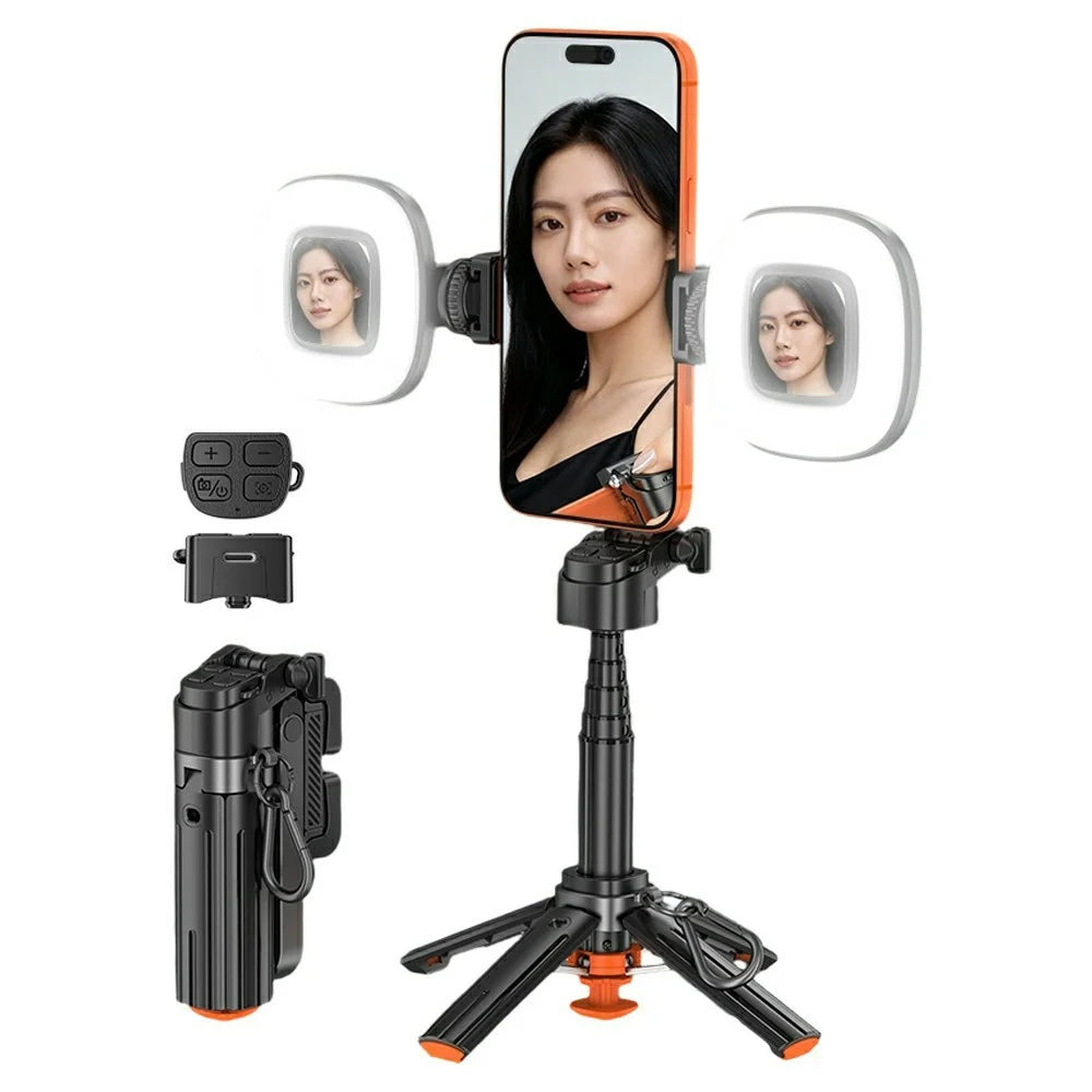 T13Y Bluetooth-compatible Selfie Stick Tripod with Dual Square Fill Light Phone Grip Handle - Black - 1