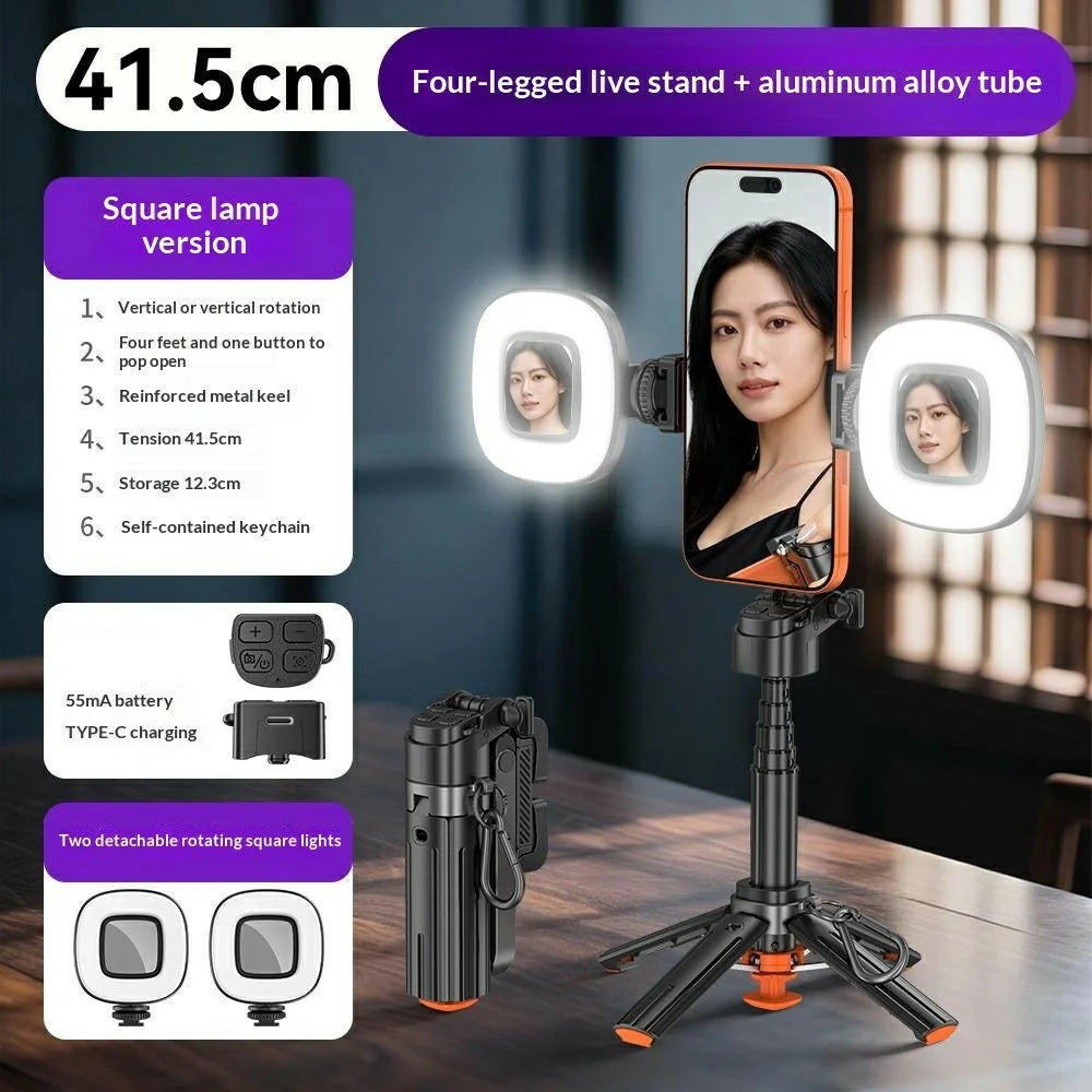 T13Y Bluetooth-compatible Selfie Stick Tripod with Dual Square Fill Light Phone Grip Handle - Black - 2